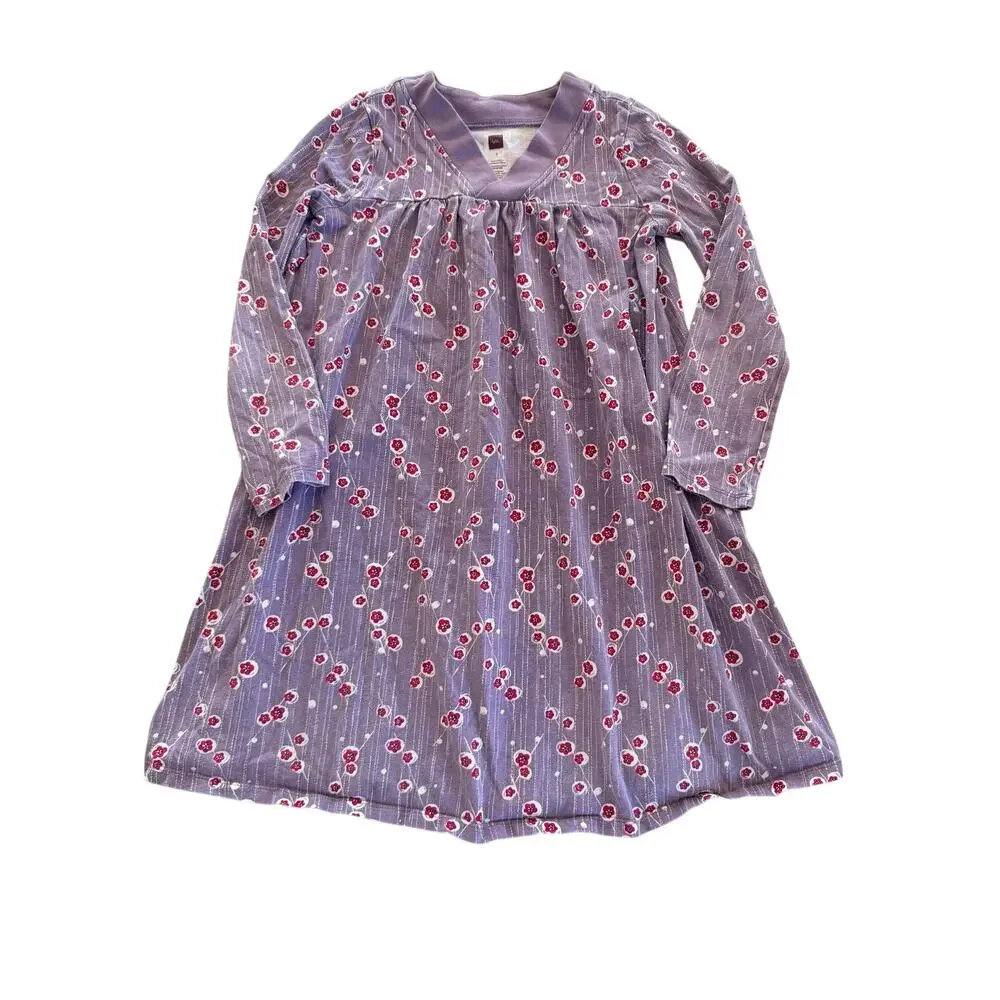 Tea Collection Girls Purple Cherry Blossom V-Neck Swing Dress Size 7